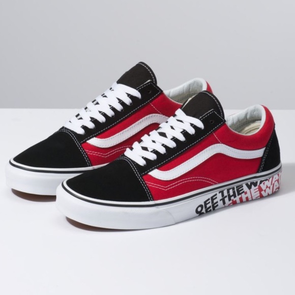 black and red low top vans